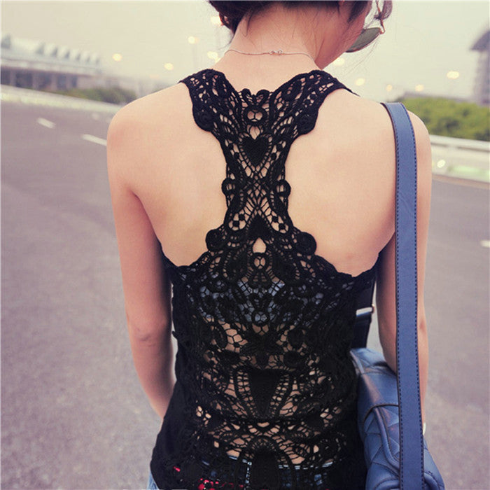 Summer Fashion Womens Tank top Sexy lace tops Crochet Back Hollow-out woman Vest Camisole lace Black& Whit Vest-Dollar Bargains Online Shopping Australia