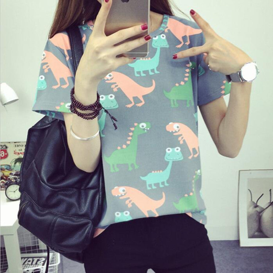 Retro Animal Dinosaur Printing T shirt Women Summer Japanese Harajuku Style Short-sleeved T-shirt Woman Tops S-XL-Dollar Bargains Online Shopping Australia