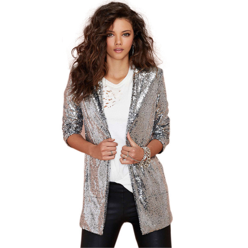 Autumn Fashion Women Silver Sequined Coats Turn-down Collar Long Sleeve Outwears Cardigan Jackets-Dollar Bargains Online Shopping Australia