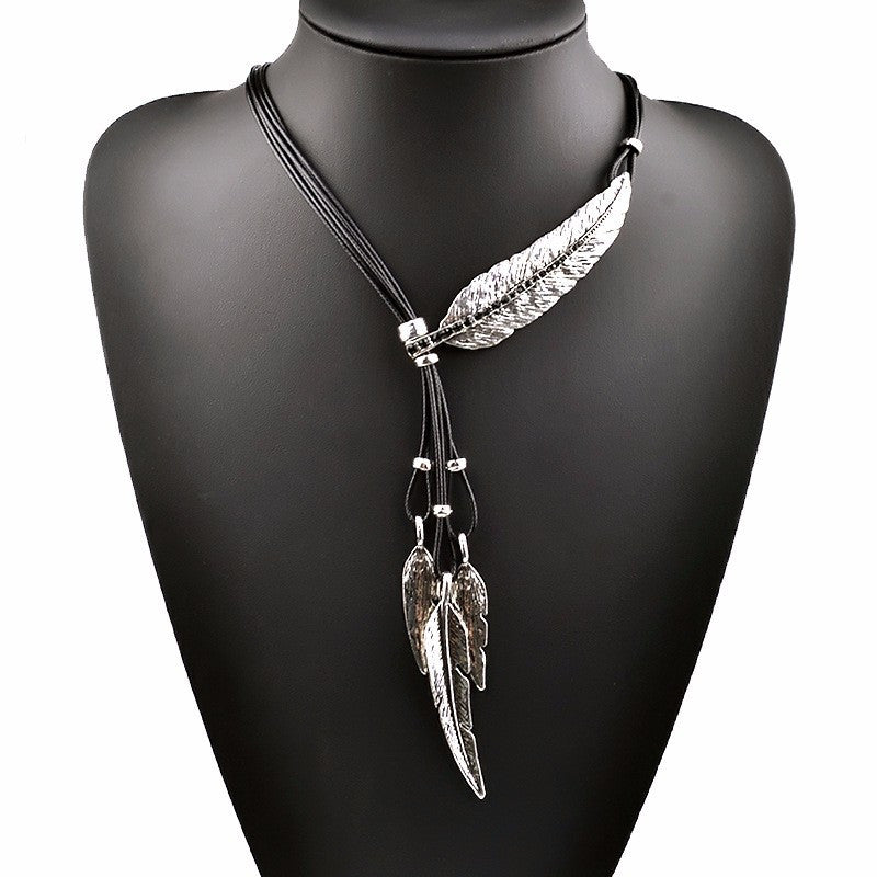 Bohemian Style Black Rope Chain Leaf Feather Pattern Pendant Necklace For Women Fine Jewelry Collares Statement Necklace-Dollar Bargains Online Shopping Australia