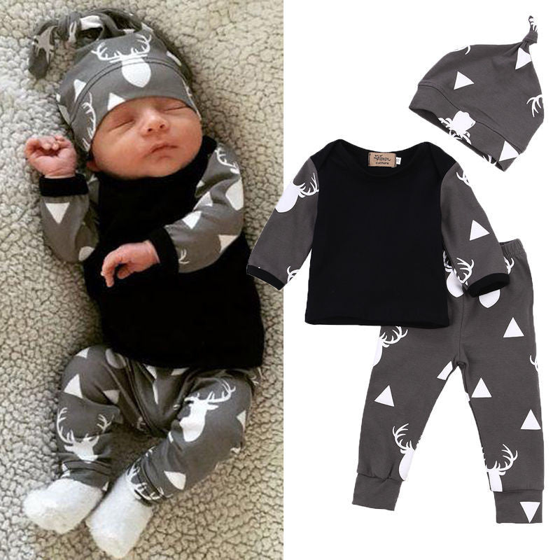 Cute born Baby Girl Boy Clothes Deer Tops T-shirt Long Sleeve + Pants Casual Hat Cap 3pcs Outfits Set Autumn-Dollar Bargains Online Shopping Australia