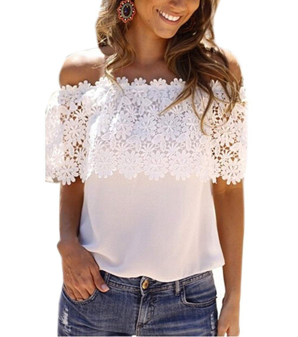 Summer Style Women Sexy Tops Casual Off Shoulder Blouse Chiffon Lace Floral Blouse Solid Shirts-Dollar Bargains Online Shopping Australia