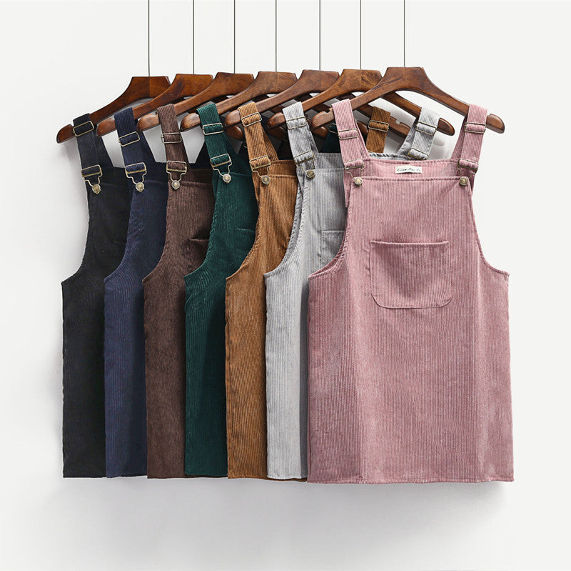 Spring Korea College Wind Restoring Ancient Ways Corduroy Suspenders Big Pocket Straight Vest Dress-Dollar Bargains Online Shopping Australia