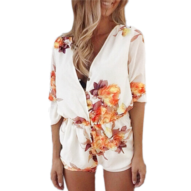 Summer Jumpsuit Fashion Women V-Neck Sexy Floral Print Botton Chiffon Rompers Casual Beach Playsuits Overalls-Dollar Bargains Online Shopping Australia