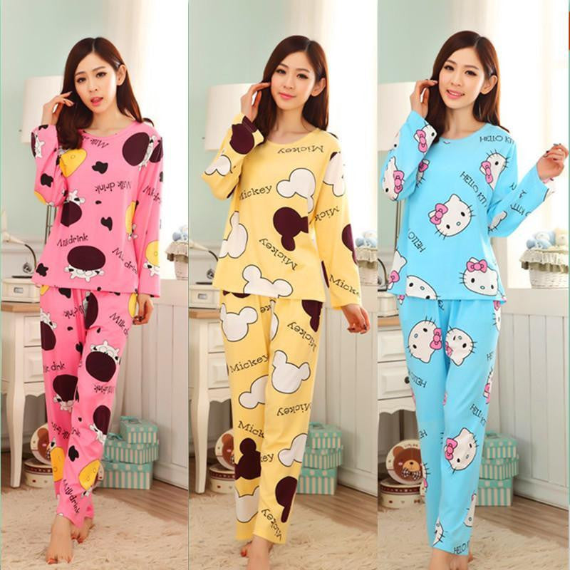 19 Colors Women Pajamas Suits Spring Autumn Cartoon Female Long-sleeve Pajama Pants Milk Silk Pajamas Suits tracksuit-Dollar Bargains Online Shopping Australia
