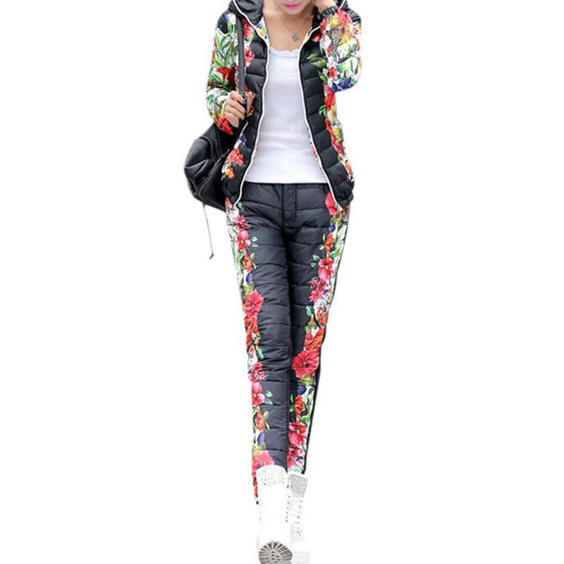 Winter Jacket Women Casual Flower Printed Hooded Warm Thickening Parka (Coat+Pants Sets ) WAT270-Dollar Bargains Online Shopping Australia