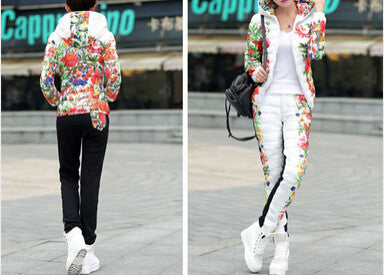 Winter Jacket Women Casual Flower Printed Hooded Warm Thickening Parka (Coat+Pants Sets ) WAT270-Dollar Bargains Online Shopping Australia