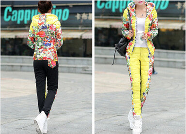 Winter Jacket Women Casual Flower Printed Hooded Warm Thickening Parka (Coat+Pants Sets ) WAT270-Dollar Bargains Online Shopping Australia