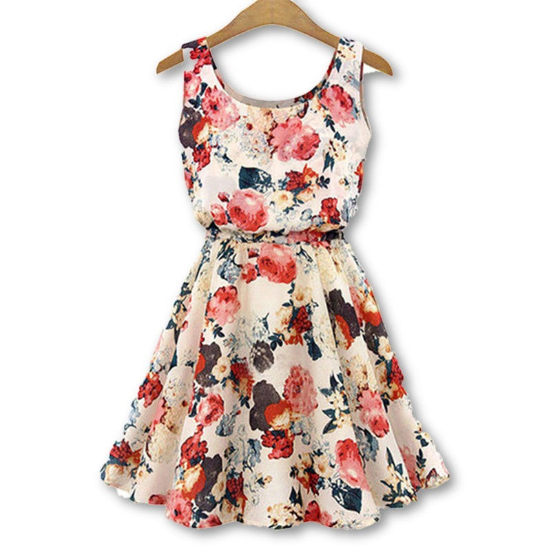 Brand Fashion Women Apricot Sleeveless O-Neck Florals Print Pleated Saias Femininas Summer Clothing Dresses-Dollar Bargains Online Shopping Australia