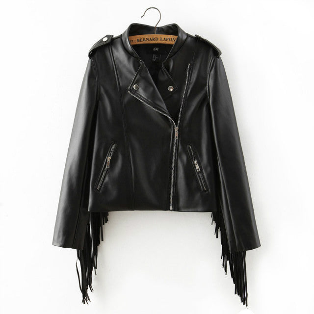 autumn winter fringed faux PU leather tassels sleeve back zippers women Motorcycle Jacket coat black-Dollar Bargains Online Shopping Australia
