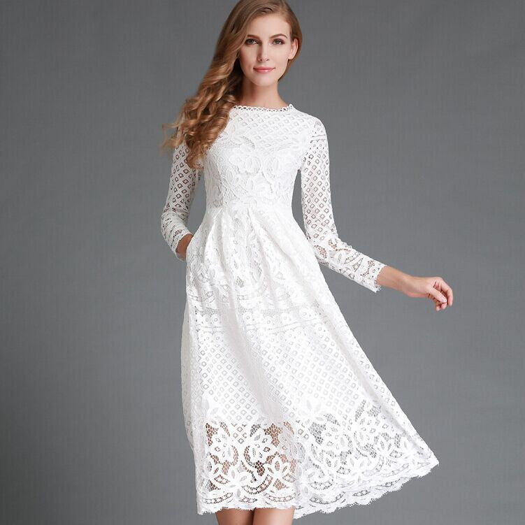 Autumn Fashion Hollow Out Elegant White Lace Elegant Party Dress High Quality Women Long Sleeve Casual Dresses H016-Dollar Bargains Online Shopping Australia