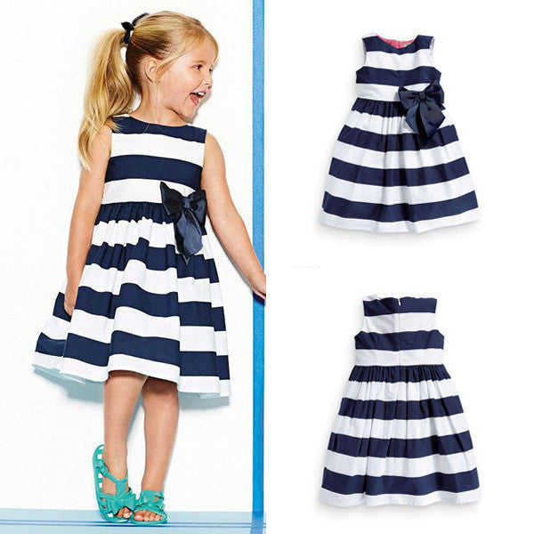 Baby Kid Girls Sleeveless One Piece Dress Blue Striped Bowknot Tutu Dresses Summer-Dollar Bargains Online Shopping Australia
