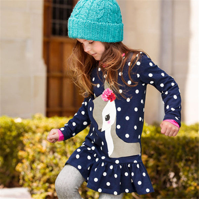 Baby Girl Clothes Kids Baby Girls Long Sleeve O-neck Dress One-piece Dots Deer Cotton Dresses Toddlers Clothes Kids Dress-Dollar Bargains Online Shopping Australia