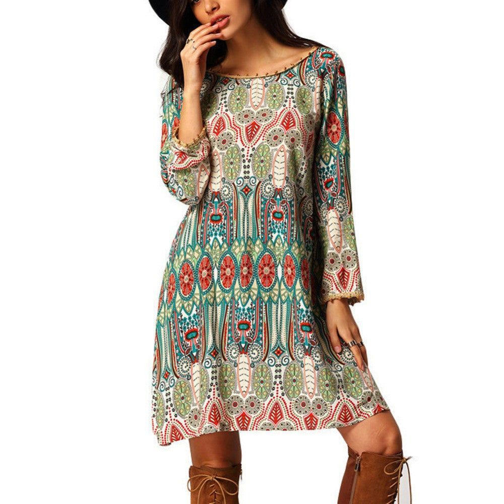 Summer Vintage Ethnic Dress Sexy Women Boho Floral Printed Casual Beach Dress Loose Sundress-Dollar Bargains Online Shopping Australia