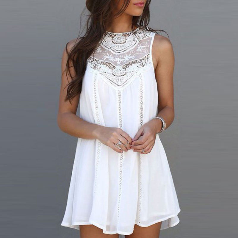 Dress For Women Autumn Dress Casual Loose Charming Sleeveless Lace Dress O Neck Mini Dresses Sundress White-Dollar Bargains Online Shopping Australia