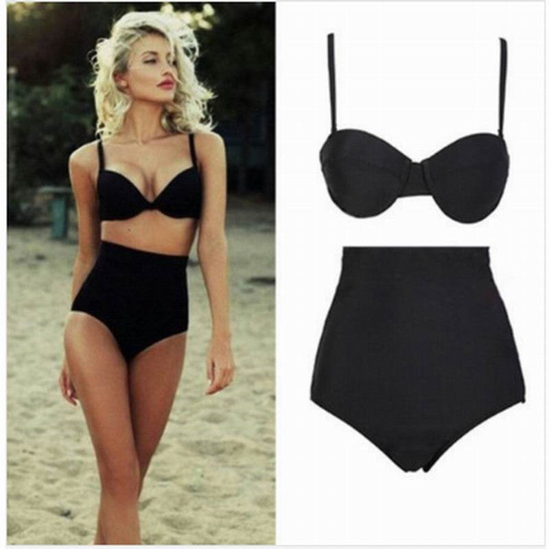 Retro black swimsuit underwire push up high waist bikini set women swimwear high waist bathing suits biquni-Dollar Bargains Online Shopping Australia
