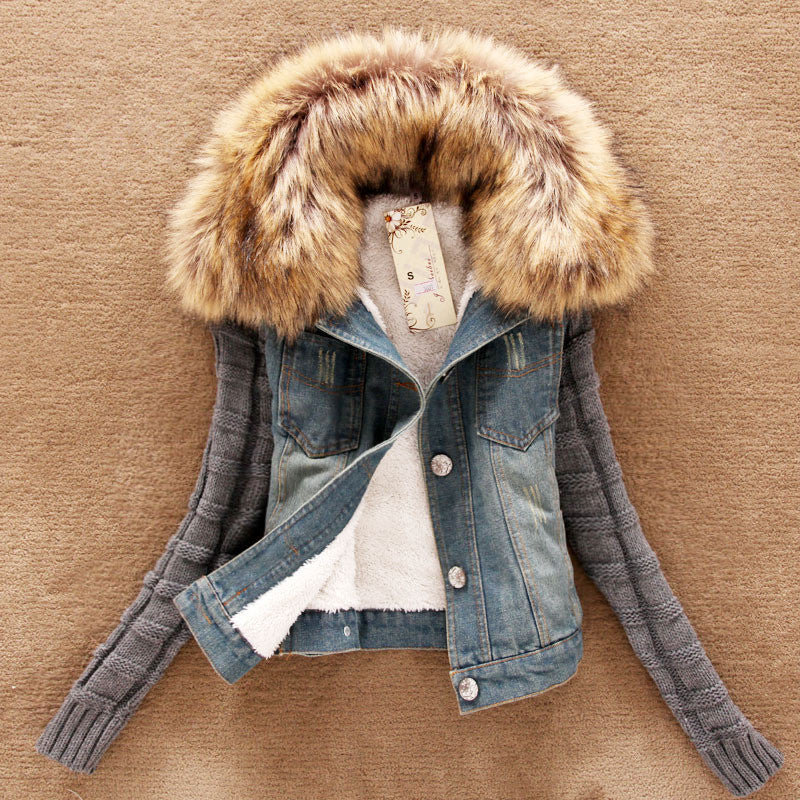 winter women fashion denim jacket Movable furs collar Wool coat Bomber Jacket jean women basic coats-Dollar Bargains Online Shopping Australia