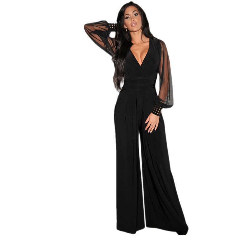 Long Black Rompers Womens Jumpsuit Winter Autumn Party V-neck Embellished Cuffs Mesh Sleeves Loose Club Pants LC6650-Dollar Bargains Online Shopping Australia
