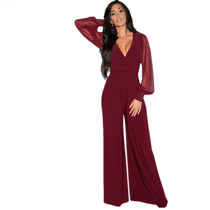 Long Black Rompers Womens Jumpsuit Winter Autumn Party V-neck Embellished Cuffs Mesh Sleeves Loose Club Pants LC6650-Dollar Bargains Online Shopping Australia