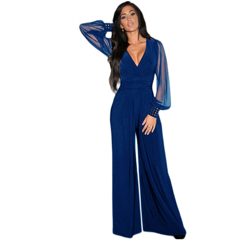 Long Black Rompers Womens Jumpsuit Winter Autumn Party V-neck Embellished Cuffs Mesh Sleeves Loose Club Pants LC6650-Dollar Bargains Online Shopping Australia
