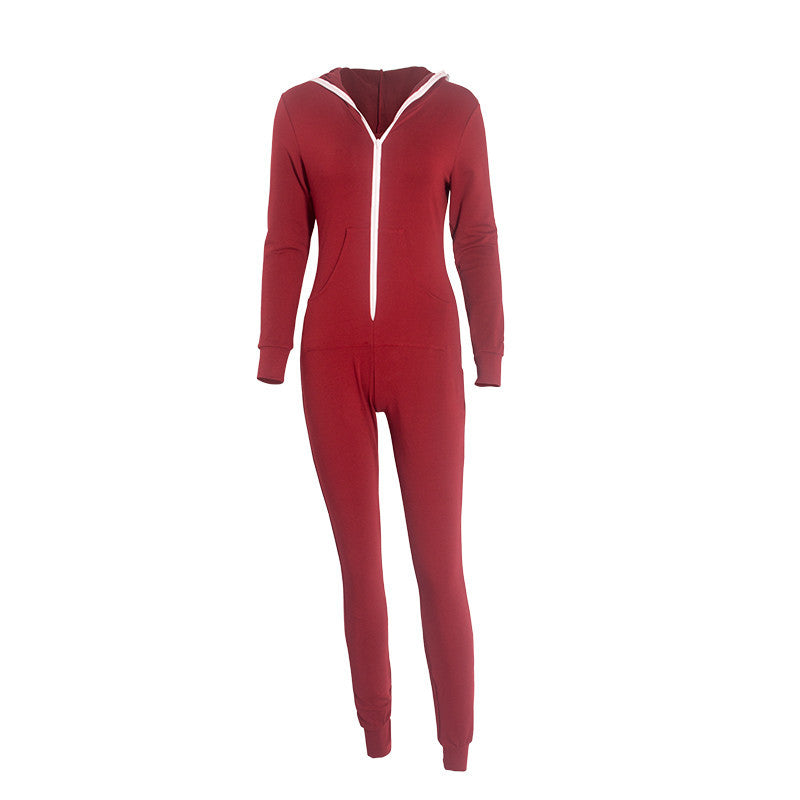 Casual Women One Piece Outfits Jumpsuits Long Sleeve Bodycon Front Zipper Hooded Long Pants Sexy Black/Red Rompers Playsuit-Dollar Bargains Online Shopping Australia