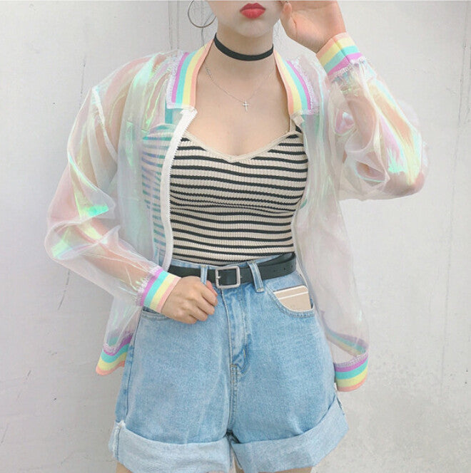 Cool Laser Symphony Sunscreen Sun Proof Bat Sleeve Jersey Jacket Clear iridescent transparent coat rainbow G831-Dollar Bargains Online Shopping Australia