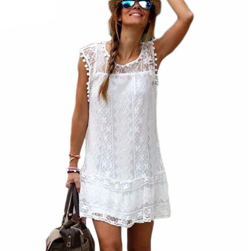 Summer Dress Sexy Women Casual Sleeveless Beach Short Dress Tassel Solid White Mini Lace Dress Vestidos Plus Size-Dollar Bargains Online Shopping Australia