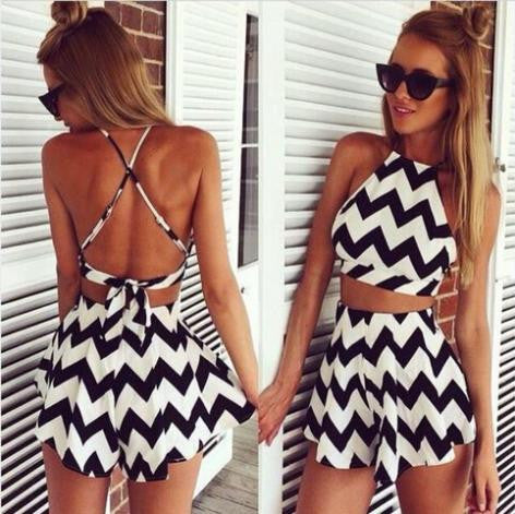 Womens Summer Chiffon Jumpsuit Shorts and Top bandage Sexy Wavy Stripe Patchwork beach Sling Rompers Playsuit two-piece Set-Dollar Bargains Online Shopping Australia