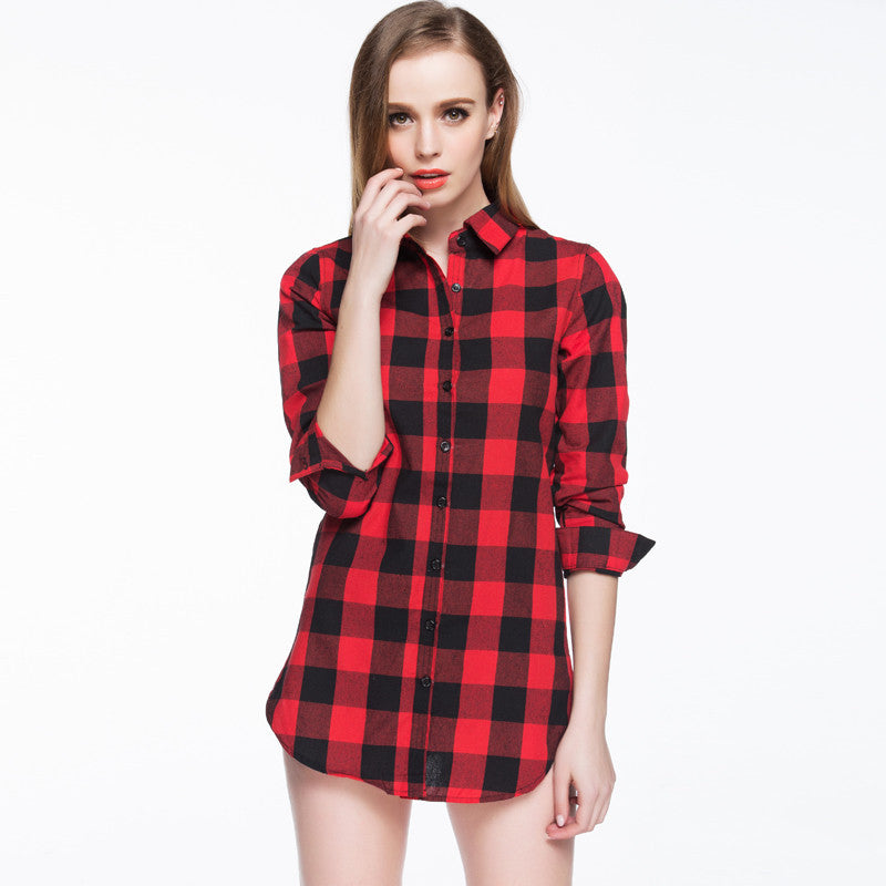 Women Blouses Long Shirts Single Breasted Plaid Cotton Shirt Wild Casual Streetwear Shirt Women Plus Size Blouse BE66-Dollar Bargains Online Shopping Australia