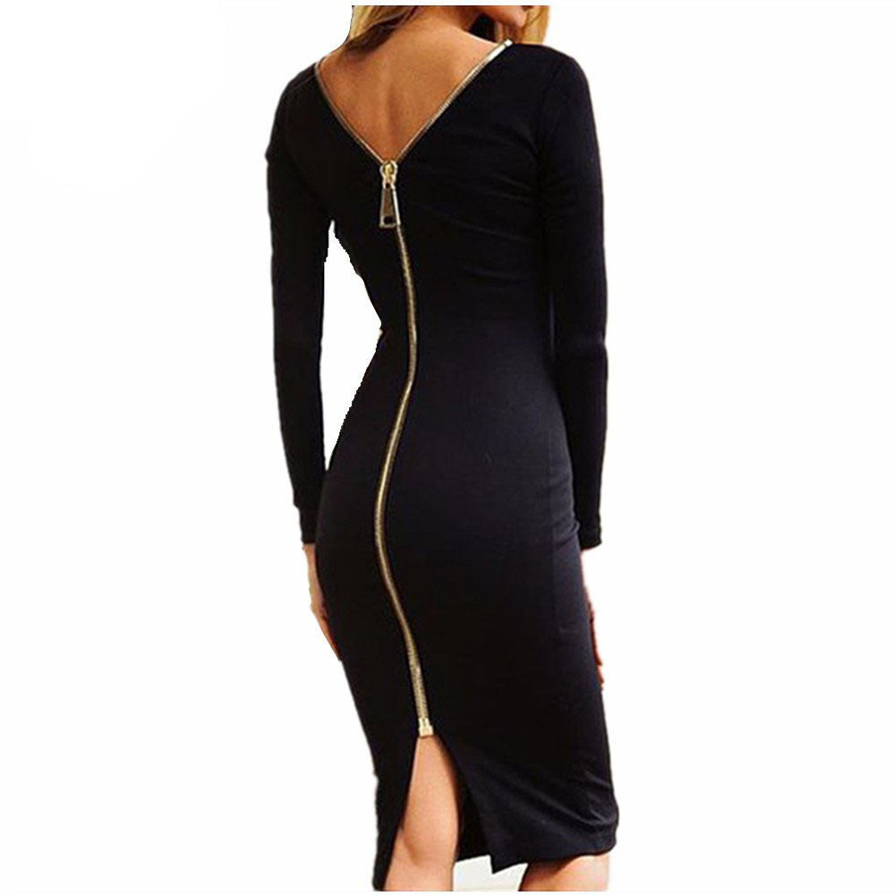 Bodycon Sheath Dress Little Black Long Sleeve Party Dresses Women Clothing Back Full Zipper Robe Sexy Femme Pencil Tight Dress-Dollar Bargains Online Shopping Australia