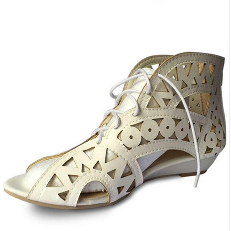 Fashion Cut-outs Lace Up Sandals Open Toe Low Wedges Bohemian Summer Shoes Beach Shoes Woman White Shoes-Dollar Bargains Online Shopping Australia