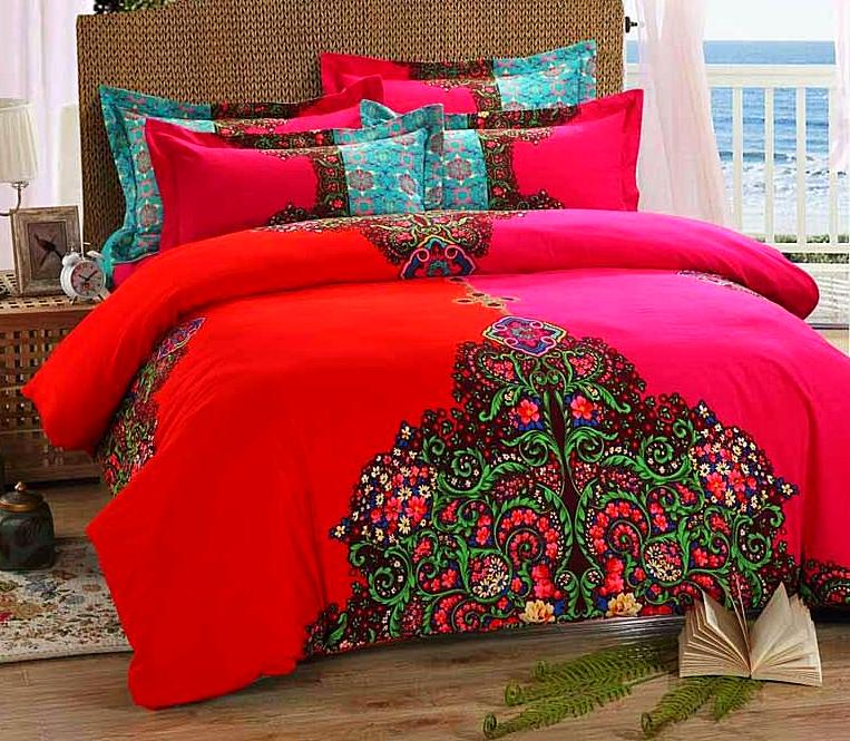 Boho Red Blue Pink 100%Thicken Cotton Bedding set Duvet Cover Bed Sheet Pillow Sham Bed Set King Queen Size 4PCS-Dollar Bargains Online Shopping Australia