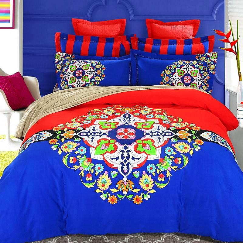 Boho Red Blue Pink 100%Thicken Cotton Bedding set Duvet Cover Bed Sheet Pillow Sham Bed Set King Queen Size 4PCS-Dollar Bargains Online Shopping Australia