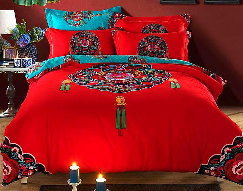 Boho Red Blue Pink 100%Thicken Cotton Bedding set Duvet Cover Bed Sheet Pillow Sham Bed Set King Queen Size 4PCS-Dollar Bargains Online Shopping Australia