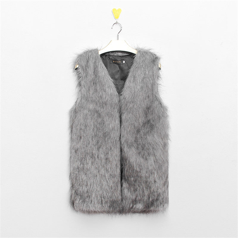 Women V Neck Slim Long Faux Fur Vest Fashion Solid Color Sleeveless Casual Winter Coat & Jacket For Female Elegant Outwear-Dollar Bargains Online Shopping Australia