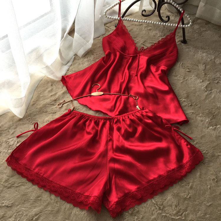V-Neck rayon silk women's sleepwear spaghetti strap lace pajama set-Dollar Bargains Online Shopping Australia
