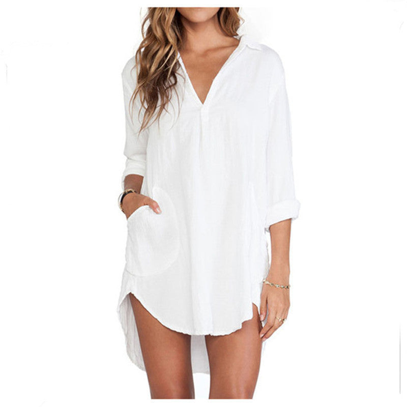 Sexy Women Sheer White Shirts Dress Long Sleeve Pocket Casual Blouse Tops Plus Size XS-6XL-Dollar Bargains Online Shopping Australia