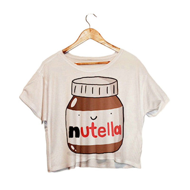Nutella Print White Crop Tops Summer Short Sleeve T shirts Harajuku Fitness Women Fashion Kawaii T-shirt F1003-Dollar Bargains Online Shopping Australia