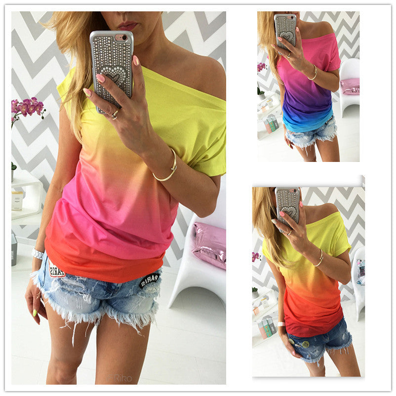 summer women t shirt vestidos rainbow gradual change print tops casual female-Dollar Bargains Online Shopping Australia