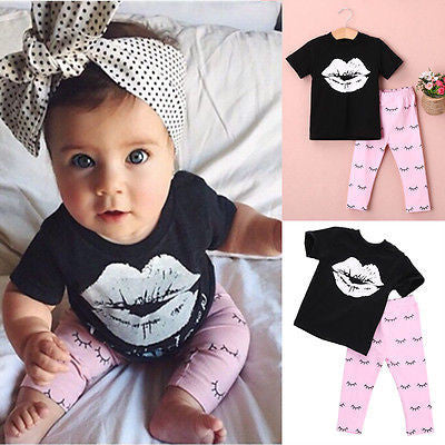 Fashion Baby Girls Clothes 0-4Y Toddle Kid Summer Short Sleeve Slip Print T-Shirt and Eyelash Pant 2pcs Children Set-Dollar Bargains Online Shopping Australia