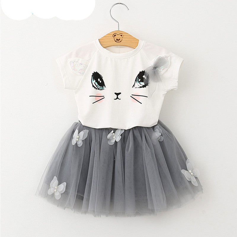 Girls Clothing Sets Summer Fashion Style Cartoon Kitten Printed T-Shirts+Net Veil Dress 2Pcs Girls Clothes Sets-Dollar Bargains Online Shopping Australia