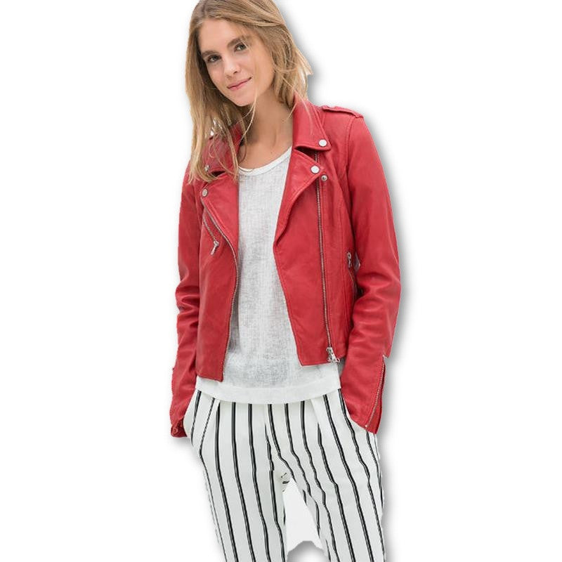 leather female jacket lapel long sleeved jacket PU slim leather female temperament locomotive Red leather women-Dollar Bargains Online Shopping Australia