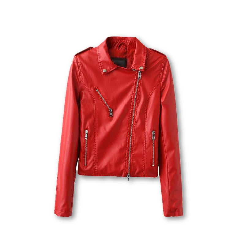 leather female jacket lapel long sleeved jacket PU slim leather female temperament locomotive Red leather women-Dollar Bargains Online Shopping Australia