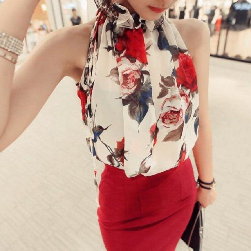 Fashion Summer Clothing Floral Chiffon Halter Sexy Strapless Women Tops Loose Sleeveless Shirt Wild Casual Womens HE008-Dollar Bargains Online Shopping Australia