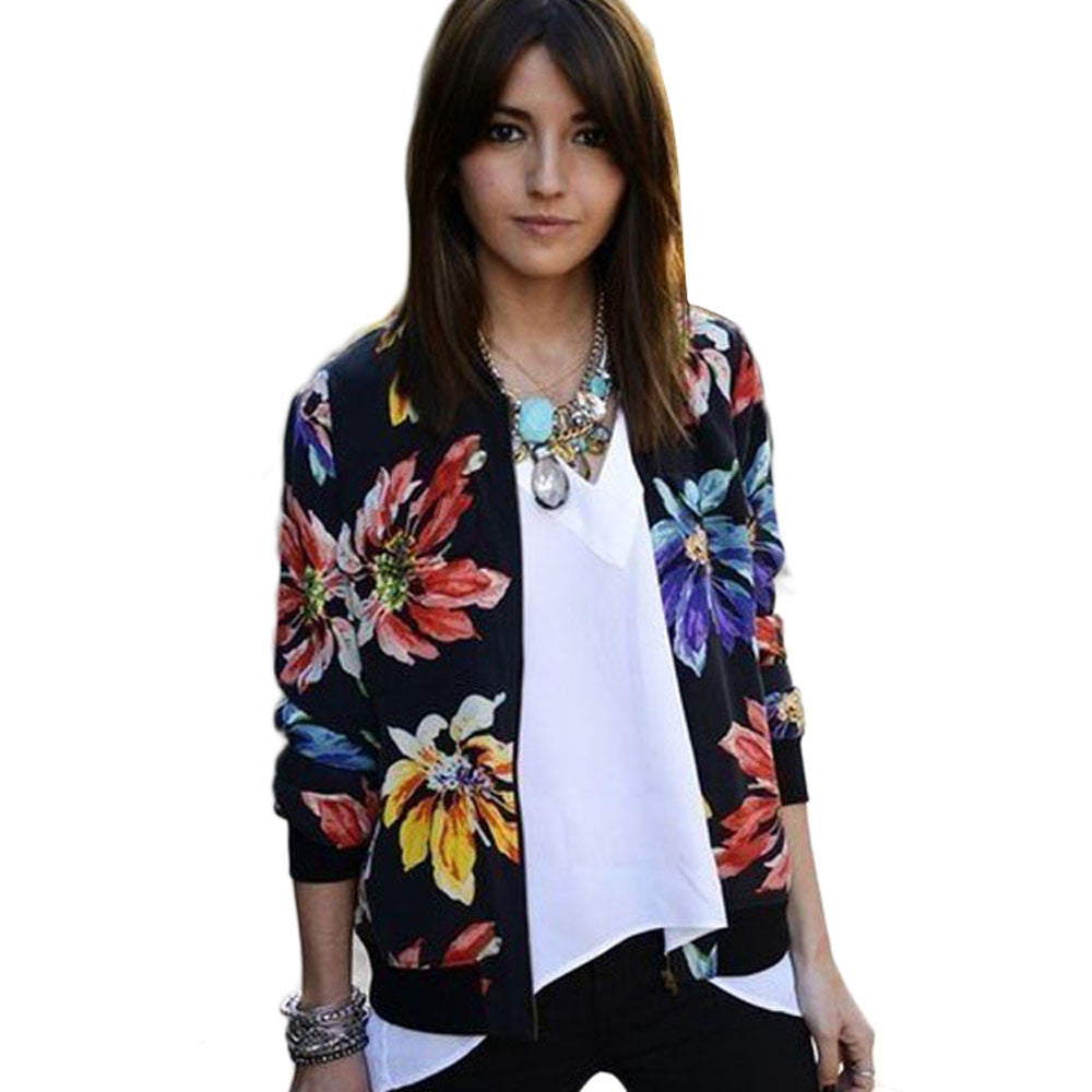 Basic Coat female Long Sleeve Floral Print Zipper Baseball Jacket Coat Outwear-Dollar Bargains Online Shopping Australia