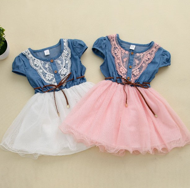 fashion Girls baby Lace Belt tutu cowboy dress children Patchwork mesh dresses for girl-Dollar Bargains Online Shopping Australia