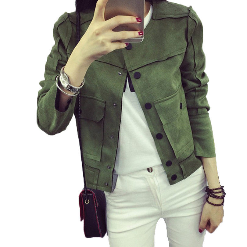 Retro Military Green Jacket Fashion Casual Suede Outerwear Coats Women Jaqueta Feminina-Dollar Bargains Online Shopping Australia