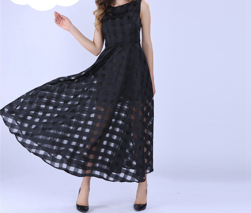 Maxi Summer Plaid Women Dress Long Organza day Dress Satin Fashion style black women dresses-Dollar Bargains Online Shopping Australia