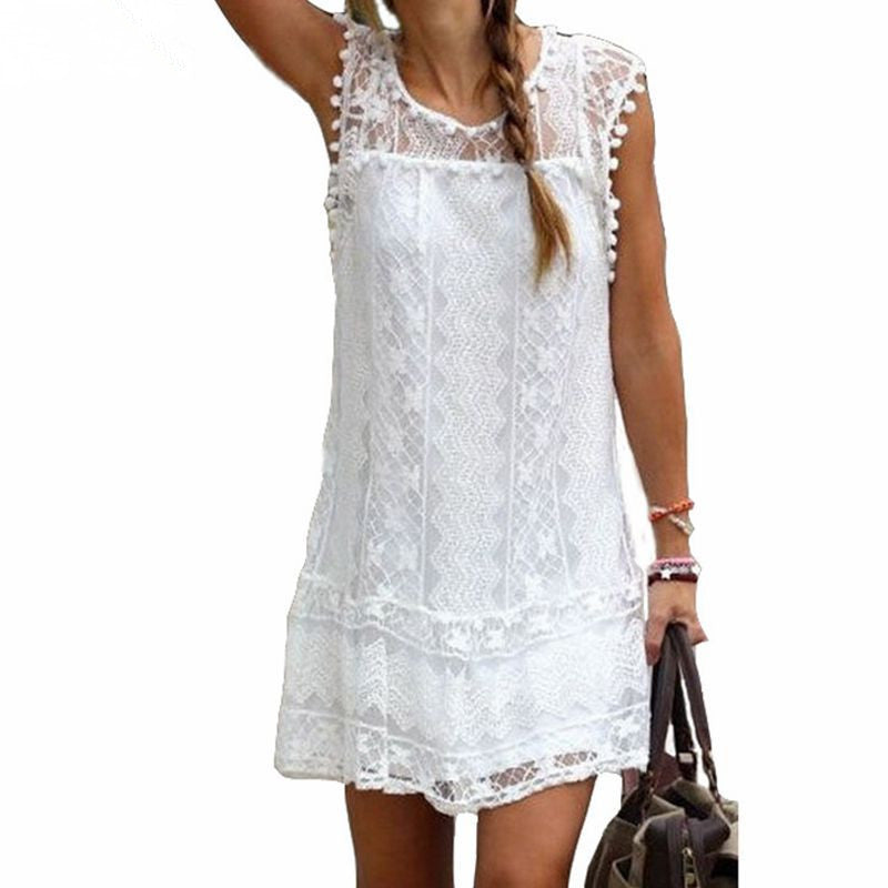 Fashion Summer Dress Casual Solid Sleeveless O-Neck Plus Size Loose Beach Lace Party Women Dresses Sexy Mini Vestidos-Dollar Bargains Online Shopping Australia