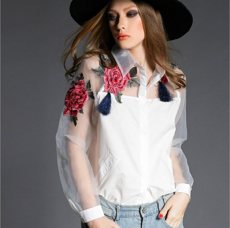 Womens Cute Embroidered Tops Spring Fashion High Street White Sheer Long Sleeve Blouse 606B-Dollar Bargains Online Shopping Australia